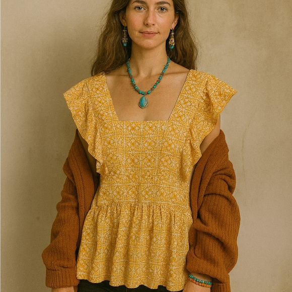 Lands' End Tops - Lands' End Orange Yellow Lightweight Jersey Ruffle Peplum Top Sz XS